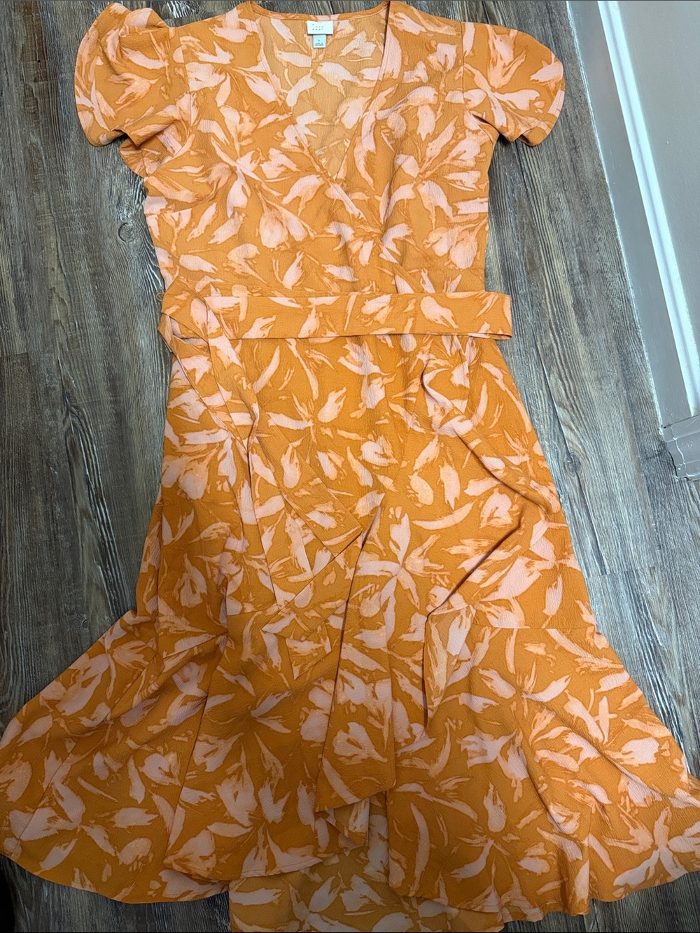 a new day Orange Floral Wrap Dress with Pink Leaf Print